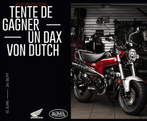 Von Dutch lance un concours excitant pour les amateurs de motos ! Vous avez la chance de remporter une incroyable moto Dax Honda 125 ST Von Dutch d'une valeur de 4349 euros.