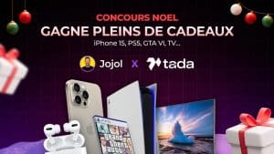 À gagner : - 4 cartes cadeau Amazon 25€ - 4x25€ de token Tada - AirPods 3 - TV - PS5 + GTA VI - iPhone 15