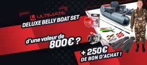 1 lot composé de 1 bateau de pêche "Ultimate Deluxe Belly Boat Set" + 1 bon d'achat "Pêche Promo" de 250 euros valeur 1 050 €
