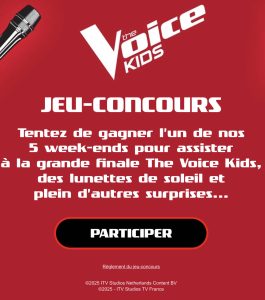 5 séjours pour 2 personnes à Paris le 27 septembre avec 2 invitations pour la finale "The Voice Kids" à La Plaine Saint Denis valeur 1 500 €