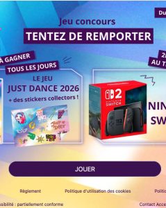 1 console Nintendo Switch 2 + 1 jeu "Just Dance 2026" + 1 planche de stickers valeur 460 €