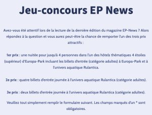 1 nuitée dans un hôtels 4 étoiles d’Europa-Park pour 4 personnes incluant les billets à Europa-Park et à l’univers aquatique Rulantica