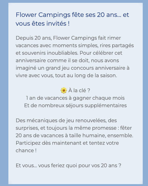 1 bon d'achat "Flower Campings" de 1 500 € pour un séjour